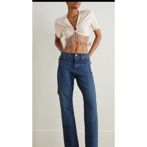 RABANNE Embellished Fringe Crop Top V-Neck Short Sleeve Beige‎